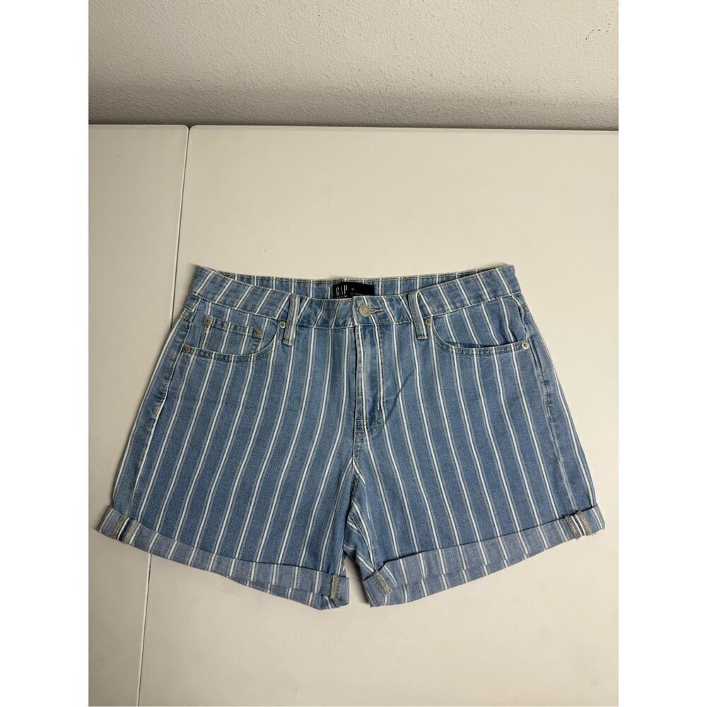 GAP Women’s Denim 5" Shorts Size L Light Wash Stripes Blue White See Description
